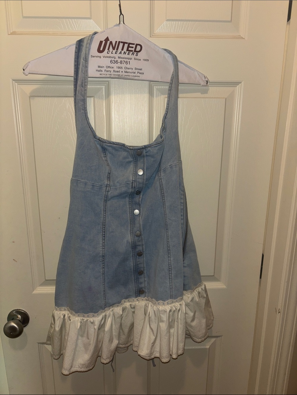 Oh Polly Light Blue Denim Dress with Cream Ruffle Hem